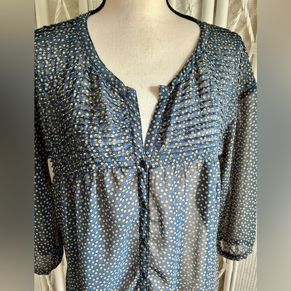 Zara TRF Blouse Pleat Front Dark Blue Yellow Polka Dot Sheer Airy size Large - Picture 4 of 16